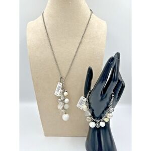 Fossil Brand Necklace White/Clear /Silver Dangle Pendant 23" & Matching Bracelet